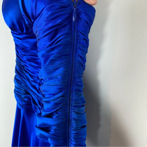 Vintage Cache Silk Dress Halter Scarf Hem Y2K Fairy Retro Ruched Prom Cerulean - Picture 4 of 13